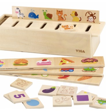 VIGA Wooden Educational Sorter Žaidimas Gyvūnai Vaisiai Daržovės Montessori