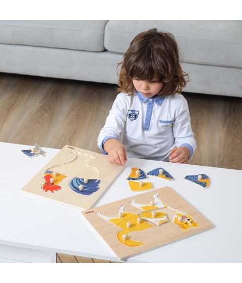 VIGA medinis Montessori galvosūkis gaidys su smeigtukais