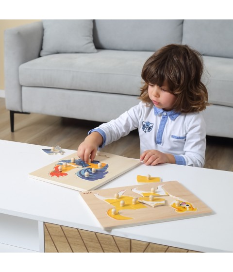 VIGA medinis Montessori galvosūkis gaidys su smeigtukais