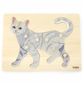 VIGA medinė Montessori dėlionė katė su smeigtukais