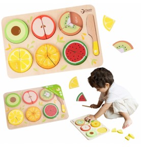 CLASSIC WORLD Mediniai vaisiai pjaustymui su lipdukais + trupmenų ir dalybos mokymasis MONTESSORI 23 vnt.