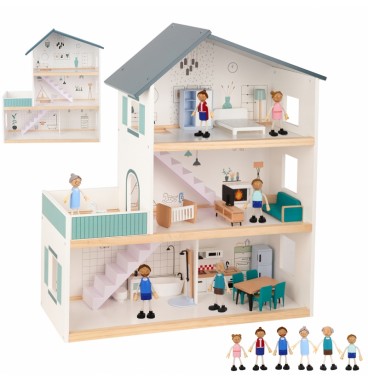 TOOKY TOY didelis medinis lėlių namelis + FSC figūrėlės