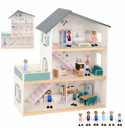TOOKY TOY didelis medinis lėlių namelis + FSC figūrėlės