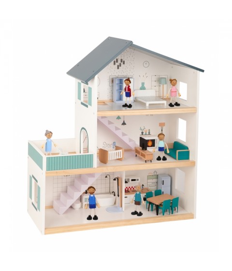 TOOKY TOY didelis medinis lėlių namelis + FSC figūrėlės