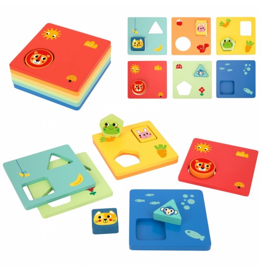 TOOKY TOY Montessori dėlionė, formos ir spalvos, gyvūnai, 6 lentos, FSC