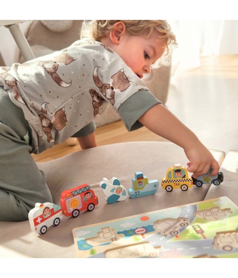 TOOKY TOY Medinis Montessori dėlionės rinkinys, transporto priemonės, automobiliai, lėktuvai, laivas, miestas, formos