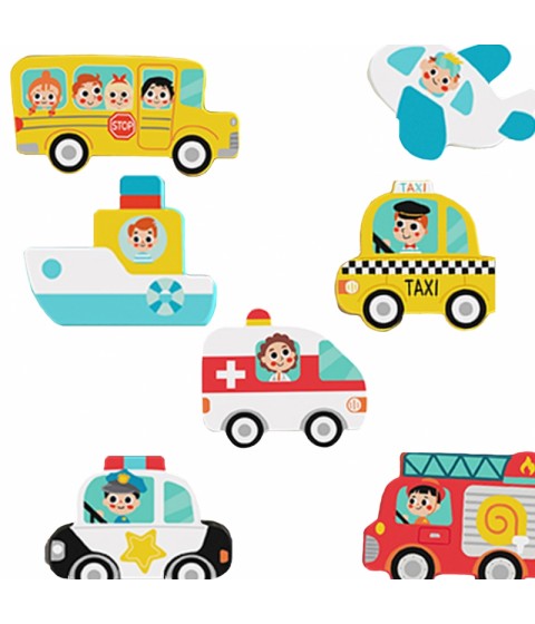 TOOKY TOY Medinis Montessori dėlionės rinkinys, transporto priemonės, automobiliai, lėktuvai, laivas, miestas, formos