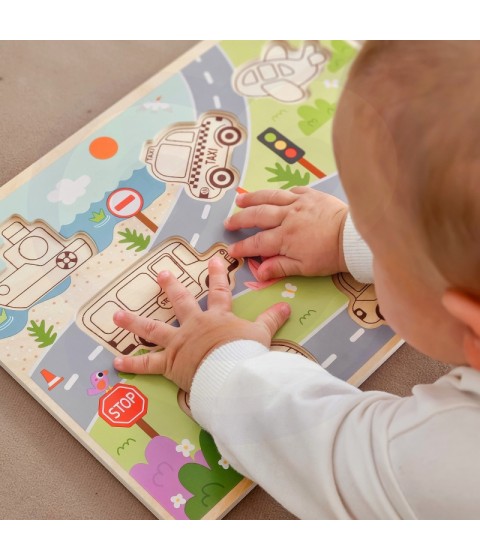 TOOKY TOY Medinis Montessori dėlionės rinkinys, transporto priemonės, automobiliai, lėktuvai, laivas, miestas, formos