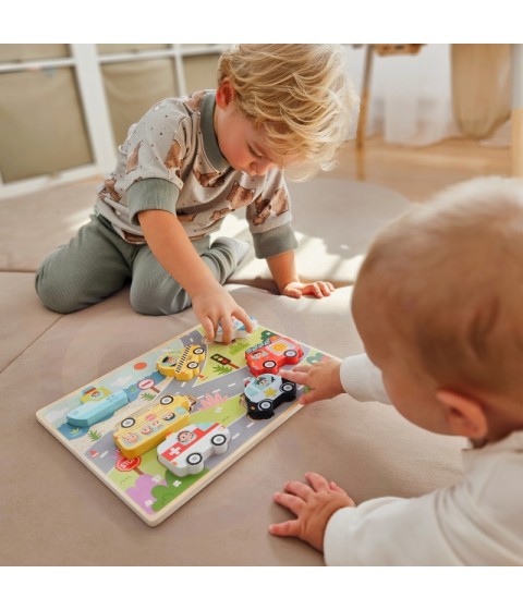 TOOKY TOY Medinis Montessori dėlionės rinkinys, transporto priemonės, automobiliai, lėktuvai, laivas, miestas, formos