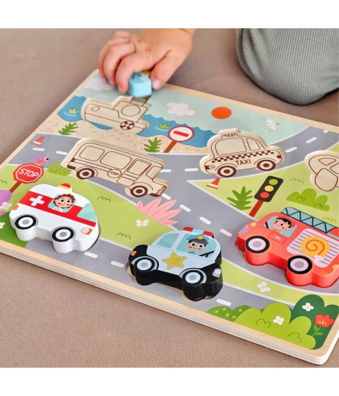 TOOKY TOY Medinis Montessori dėlionės rinkinys, transporto priemonės, automobiliai, lėktuvai, laivas, miestas, formos