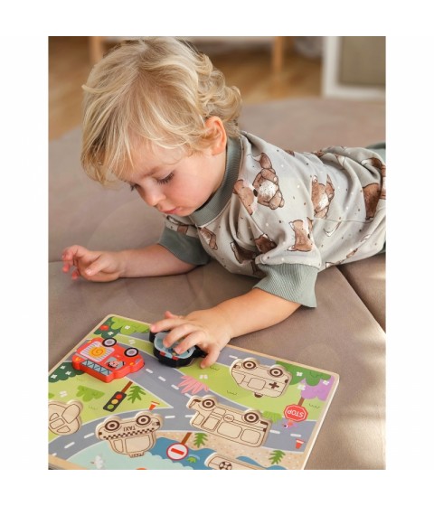 TOOKY TOY Medinis Montessori dėlionės rinkinys, transporto priemonės, automobiliai, lėktuvai, laivas, miestas, formos