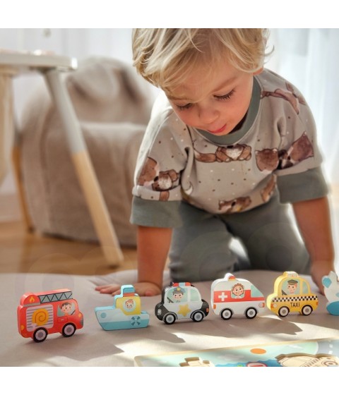 TOOKY TOY Medinis Montessori dėlionės rinkinys, transporto priemonės, automobiliai, lėktuvai, laivas, miestas, formos