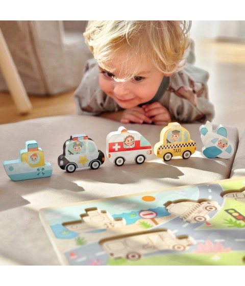 TOOKY TOY Medinis Montessori dėlionės rinkinys, transporto priemonės, automobiliai, lėktuvai, laivas, miestas, formos