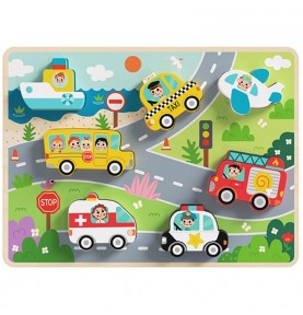 TOOKY TOY Medinis Montessori dėlionės rinkinys, transporto priemonės, automobiliai, lėktuvai, laivas, miestas, formos