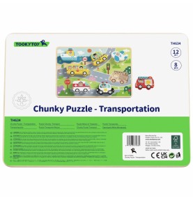 TOOKY TOY Medinis Montessori dėlionės rinkinys, transporto priemonės, automobiliai, lėktuvai, laivas, miestas, formos