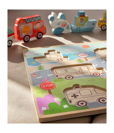 TOOKY TOY Medinis Montessori dėlionės rinkinys, transporto priemonės, automobiliai, lėktuvai, laivas, miestas, formos
