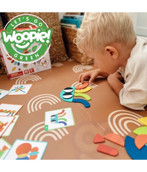WOOPIE GREEN medinė Montessori dėlionė, 40 raštų atkurimui, 55 detalės, sertifikuota FSC
