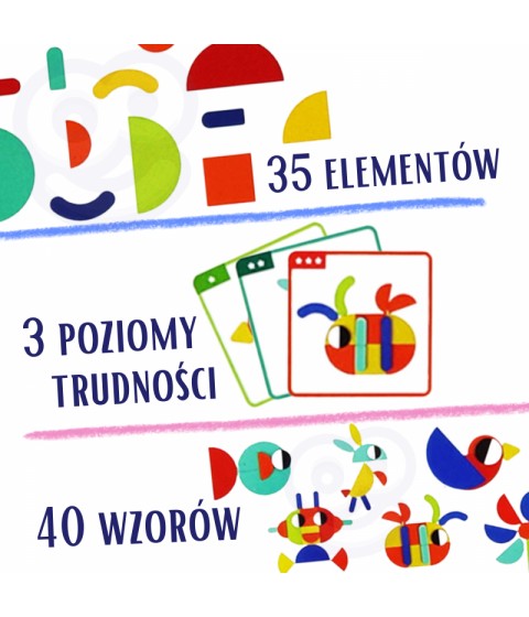 WOOPIE GREEN medinė Montessori dėlionė, 40 raštų atkurimui, 55 detalės, sertifikuota FSC