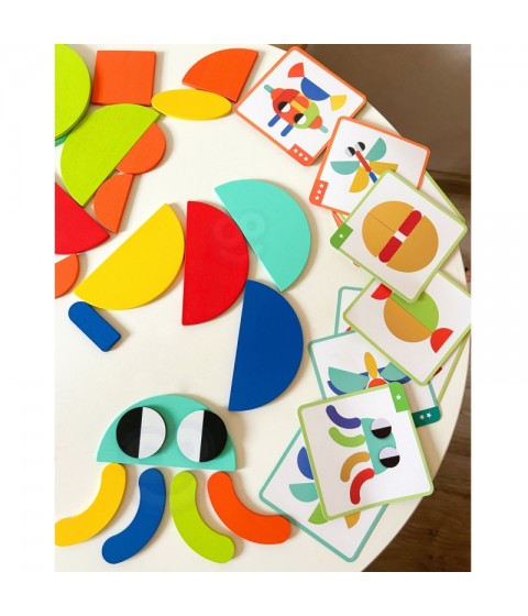 WOOPIE GREEN medinė Montessori dėlionė, 40 raštų atkurimui, 55 detalės, sertifikuota FSC