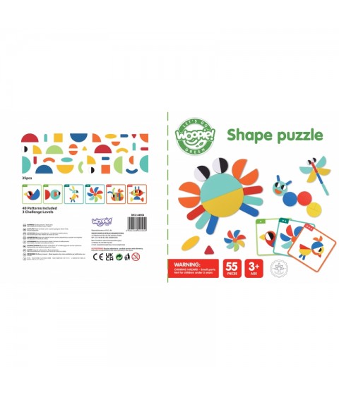 WOOPIE GREEN medinė Montessori dėlionė, 40 raštų atkurimui, 55 detalės, sertifikuota FSC