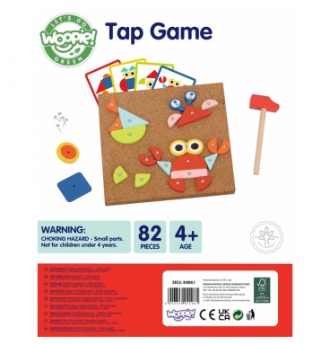 WOOPIE GREEN medinis dėlionės plaktukas su vinimis, 20 raštų, 82 detalės, sertifikuotas FSC