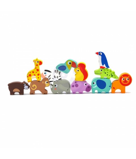 WOOPIE GREEN mediniai siūlų vėrimo kaladėlės Safari gyvūnai ZOO 13 vnt.