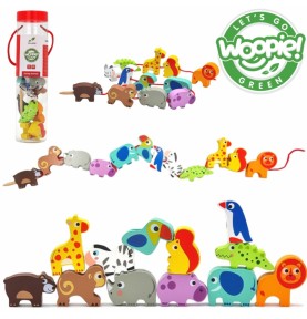 WOOPIE GREEN mediniai siūlų vėrimo kaladėlės Safari gyvūnai ZOO 13 vnt.