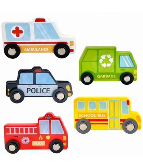 WOOPIE GREEN Dėlionės kubeliai Miesto transporto priemonės dėžutėse + figūrėlės 10 vnt.