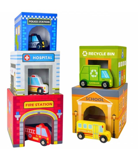 WOOPIE GREEN Dėlionės kubeliai Miesto transporto priemonės dėžutėse + figūrėlės 10 vnt.