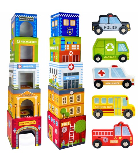 WOOPIE GREEN Dėlionės kubeliai Miesto transporto priemonės dėžutėse + figūrėlės 10 vnt.
