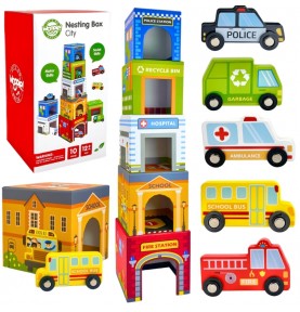 WOOPIE GREEN Dėlionės kubeliai Miesto transporto priemonės dėžutėse + figūrėlės 10 vnt.