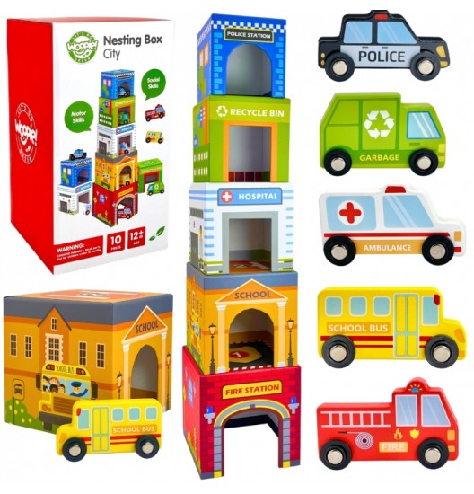 WOOPIE GREEN Dėlionės kubeliai Miesto transporto priemonės dėžutėse + figūrėlės 10 vnt.