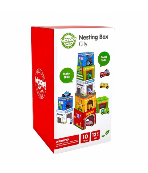 WOOPIE GREEN Dėlionės kubeliai Miesto transporto priemonės dėžutėse + figūrėlės 10 vnt.