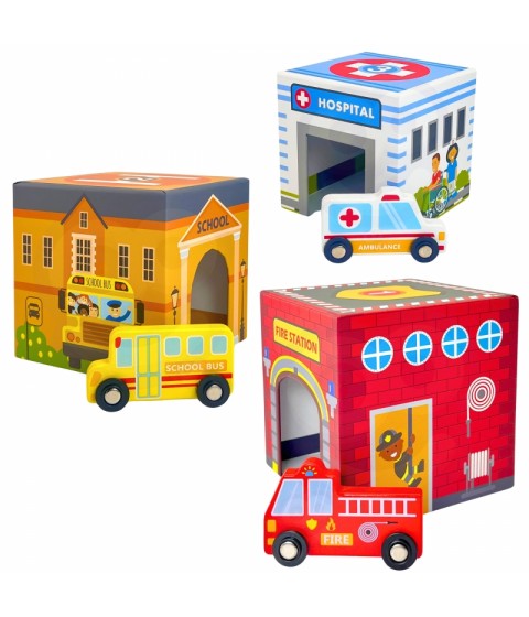 WOOPIE GREEN Dėlionės kubeliai Miesto transporto priemonės dėžutėse + figūrėlės 10 vnt.