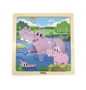 VIGA Patogi medinė dėlionė „Hippos“ (9 detalės)