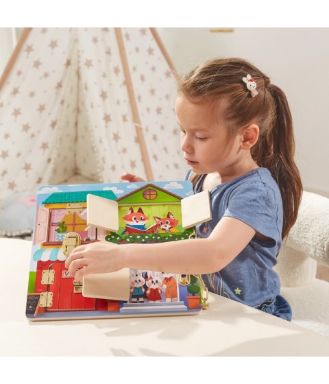VIGA medinė manipuliavimo lenta spynoms ir skląsčiams atidaryti Montessori namams