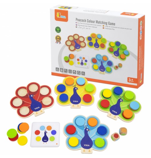 VIGA Wooden Game Match Colors Peacock Tail Montessori + kortelės