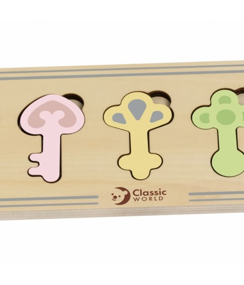 CLASSIC WORLD medinis Montessori sensorinis galvosūkis su atitinkamais raktais ir spynomis