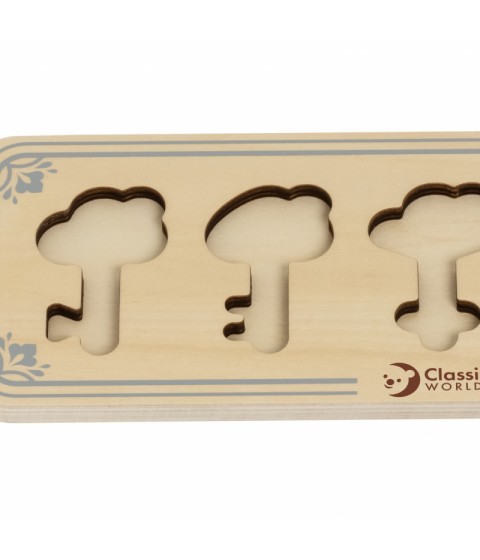 CLASSIC WORLD medinis Montessori sensorinis galvosūkis su atitinkamais raktais ir spynomis
