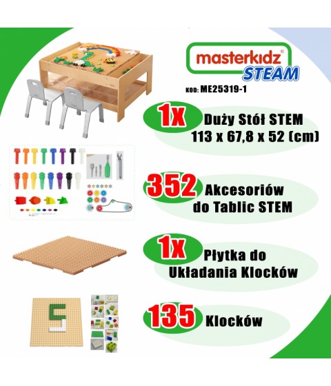 MASTERKIDZ medinis edukacinis stalas + STEM sienos priedai + 135 kaladėlės