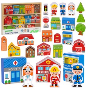TOOKY TOY medinis pastatų ir figūrėlių rinkinys „Miestas“