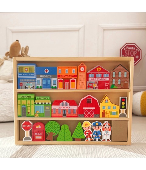 TOOKY TOY medinis pastatų ir figūrėlių rinkinys „Miestas“