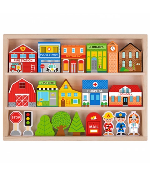 TOOKY TOY medinis pastatų ir figūrėlių rinkinys „Miestas“