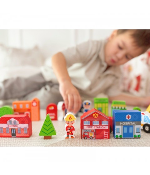 TOOKY TOY medinis pastatų ir figūrėlių rinkinys „Miestas“