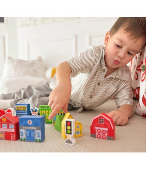 TOOKY TOY medinis pastatų ir figūrėlių rinkinys „Miestas“