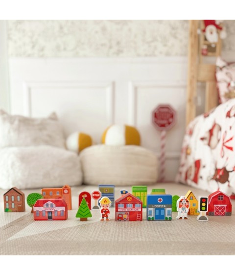 TOOKY TOY medinis pastatų ir figūrėlių rinkinys „Miestas“