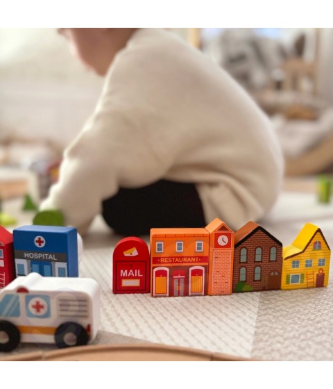 TOOKY TOY medinis pastatų ir figūrėlių rinkinys „Miestas“