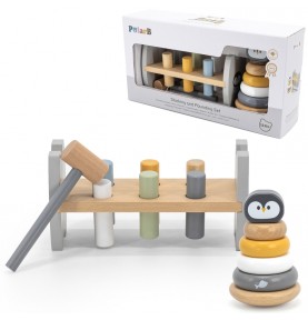 VIGA PolarB medinės piramidės rinkinys + pingvino formos plaktukas-perforatorius Montessori