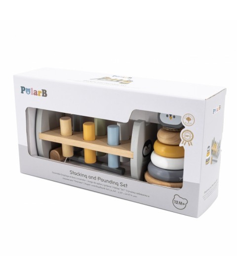 VIGA PolarB medinės piramidės rinkinys + pingvino formos plaktukas-perforatorius Montessori