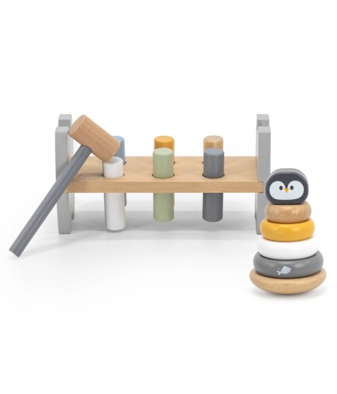 VIGA PolarB medinės piramidės rinkinys + pingvino formos plaktukas-perforatorius Montessori
